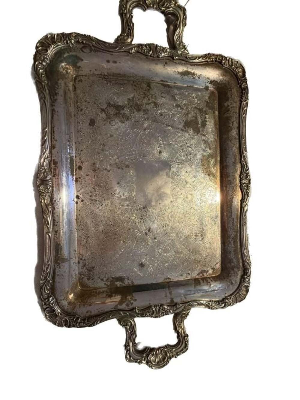 Vintage Silver on Copper Engraved Butlers Serving Tray with Ornate Handles